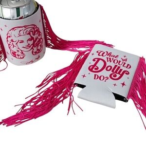 Dolly Parton Pink and White Fringed Can Cooler Set of 2 Can Coolers